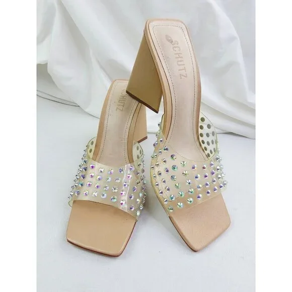 Schutz Size 10B Womens Lizah Crystal Slip On Studded Open Square Toe Heels - Picture 10 of 14
